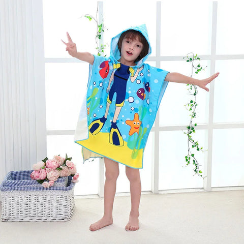 80-130cm Kids Hooded Bath Beach Poncho Towels Baby Quick Dry Bathrobe Child Cartoon Poncho Towels Microfiber Swim Cover-ups