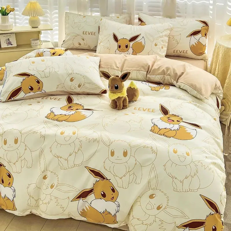 Pokemon Series Eevee Dragon 100% Cotton 4-piece set, Children's Cartoon 3-piece set of Sheet Pillowcase Quilt Cover