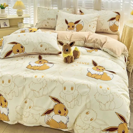 Pokemon Series Eevee Dragon 100% Cotton 4-piece set, Children's Cartoon 3-piece set of Sheet Pillowcase Quilt Cover