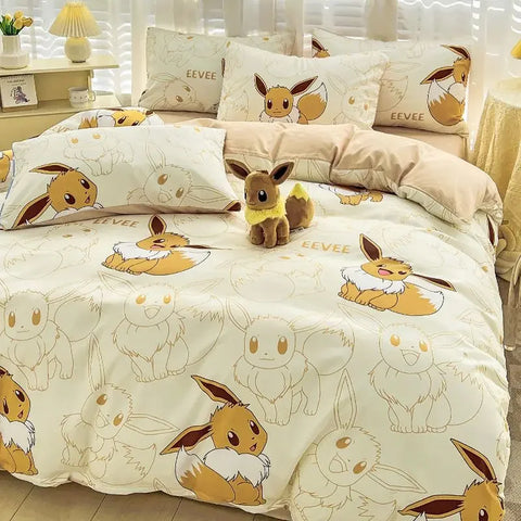 Pokemon Series Eevee Dragon 100% Cotton 4-piece set, Children's Cartoon 3-piece set of Sheet Pillowcase Quilt Cover