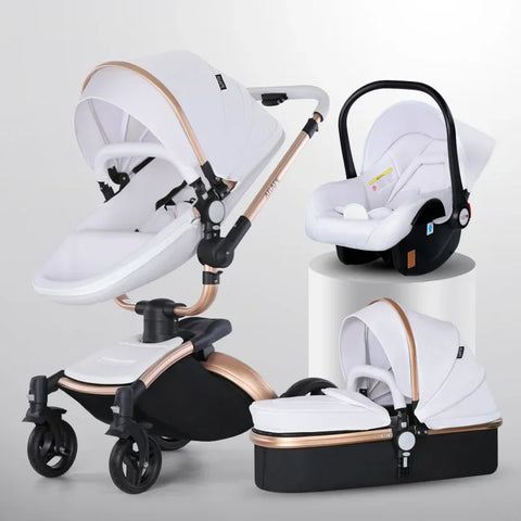 3-in-1 Luxury High-view Baby Stroller with Car Seat Foldable Newborn Baby Stroller PU Leather Two-way Baby Stroller