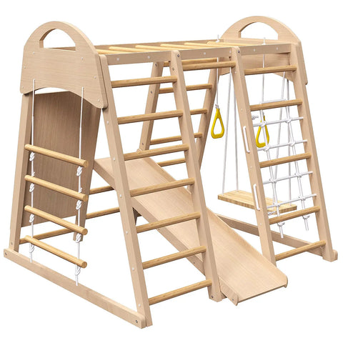 7-in-1 Indoor Jungle Gym Playset for kids 2-6 Years - Slide, Climbing Wall, Swing, Monkey Bars - Montessori Wooden Playground