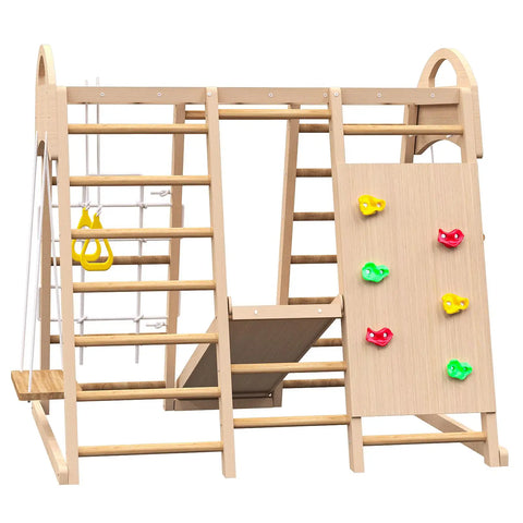 7-in-1 Indoor Jungle Gym Playset for kids 2-6 Years - Slide, Climbing Wall, Swing, Monkey Bars - Montessori Wooden Playground