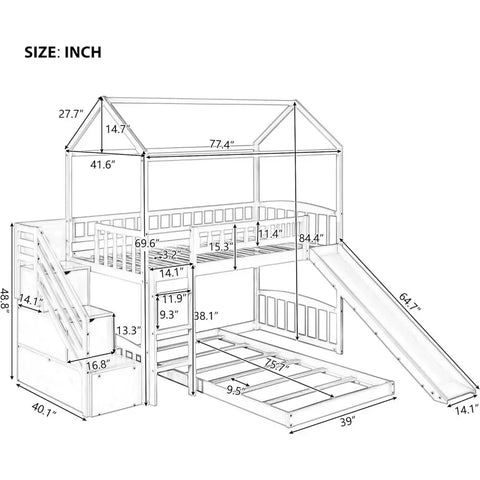 House Bunk Beds with Slide Wood Twin Bunk Bed with Stairs for Kids, House Bunk with Roof for Boys or Girls, Beds House