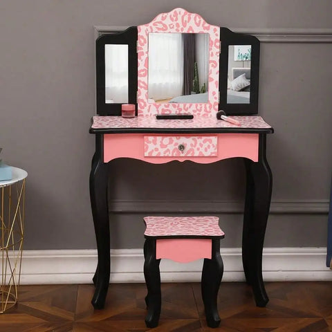 Kids Vanity Set Table and Stool with Drawer Dressing Mirror Pink Girls Gifts