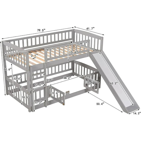 Low Bunk Bed with Slide Twin Over Twin Bunk Beds for Kids Toddlers, Wood Floor Beds Frame with Rails for Boys Girls Teens, Gray