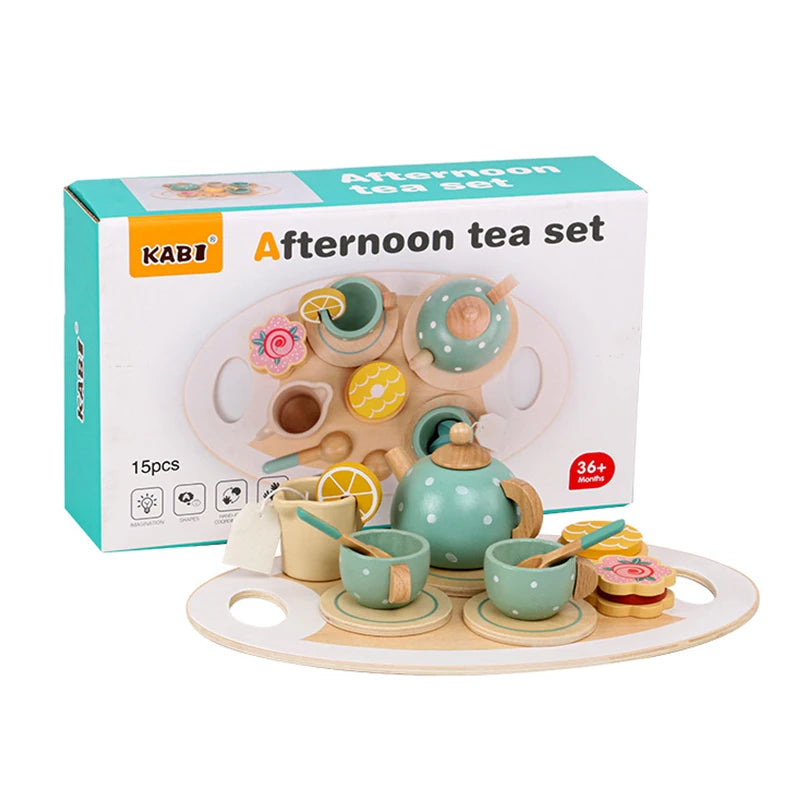 Wooden Afternoon Tea Set Toy Kitchen Accessories Tea Party Food Play Early Educational Toys for Toddlers Girls Boys Kids Gifts