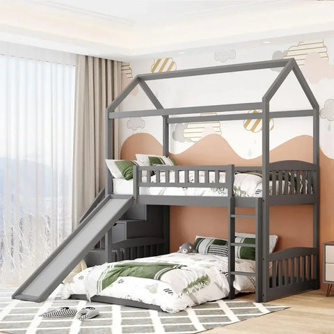 House Bunk Beds with Slide Wood Twin Bunk Bed with Stairs for Kids, House Bunk with Roof for Boys or Girls, Beds House