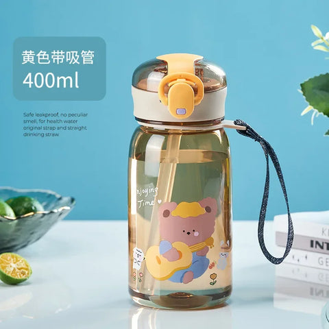 400-650ML Kids Cartoon Water Bottles Leakproof Water Sippy Cup with Straw and Strap Portable Drinking Bottle for Childre