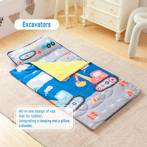 Nap Mats for Preschool Slumber Bags for Boys Girls Toddler Bedding Sleeping with Removable Pillow and Fleece Blanket Cartoon