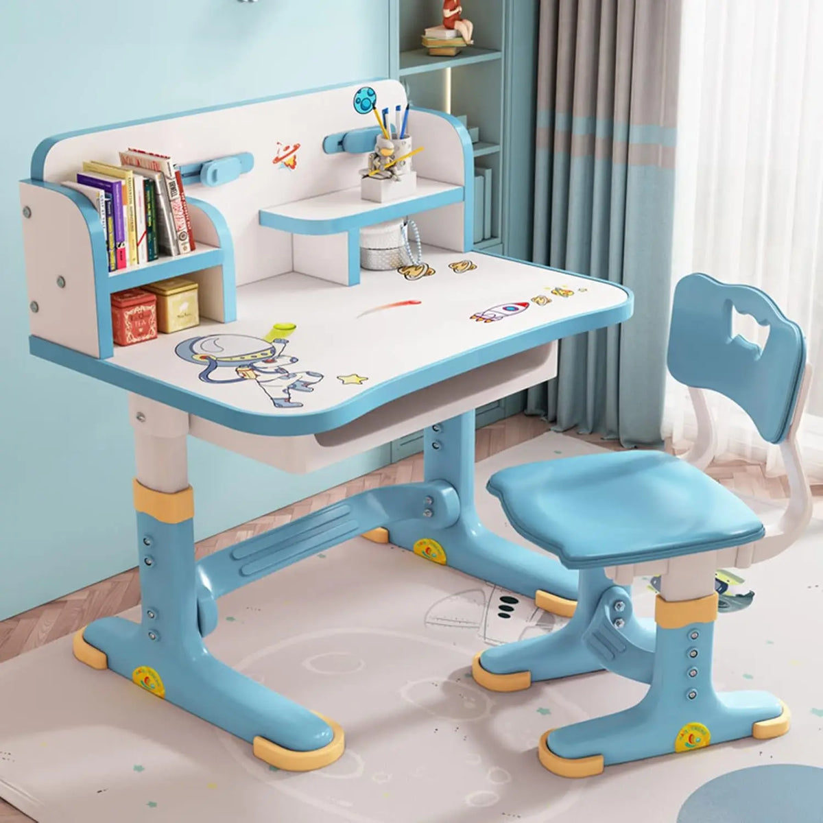 Kids Adjustable Study Desk & Chair Set w/Storage,Drawers,Bookshelf,Child Toddler Writing Homework Table,Little Girl Work Desk