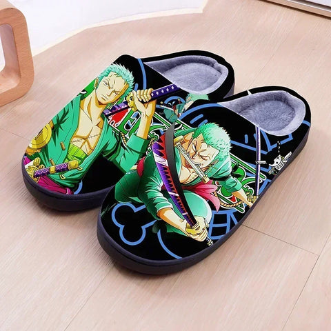 ONE PIECE Cartoon Warm Plush Cosplay Slippers Couple's Indoor Non-slip House Slides Men And Women Toe Wrap Home Cotton Shoes