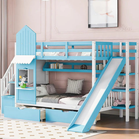 Twin Over Twin Bunk Bed with Stairs and Slide, Solid Wood Bunk Bed Frame with Storage Drawers and Bookshelf, Bunk Bed for Kids