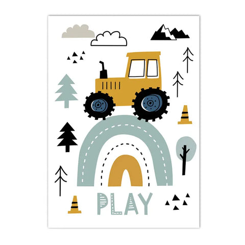Cartoon Crane Excavator Tractor Truck Wall Art Canvas Painting Nursery Print Child Poster Nordic Wall Pictures Boys Room Decor