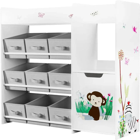 Kids Bookshelf, Toy Storage Organizer with Bookcase, Children's Toy Shelf with 9 Bins for Children's Room, Playroom, Hallway, Ki