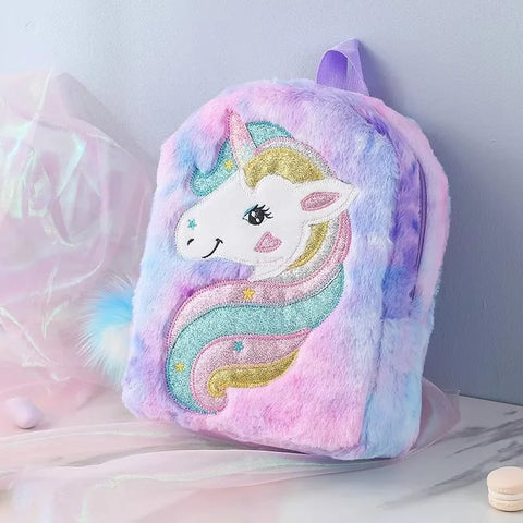 Kids Backpack Kids School Bag Fashion Large Capacity Children Girls Unicorn Plush Tie-Dye Bag Mochila