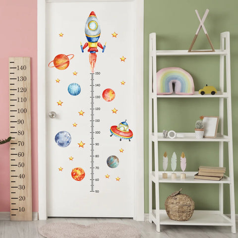 Cartoon Planet Rocket Height Measurement Wall Stickers for Kids Room Baby Boy Room Height Roller Grow Up Chart Wall Decals Mural