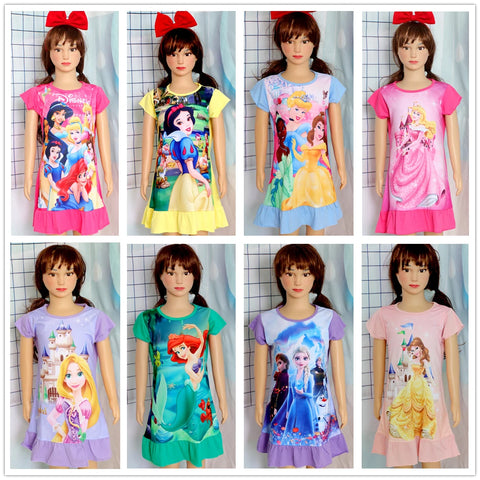 3-8Years New Summer Kids Cartoon Dress Sleepwear Mermaid Princess Belle Girls Printing Nightgowns Children Party Dresses Pajamas