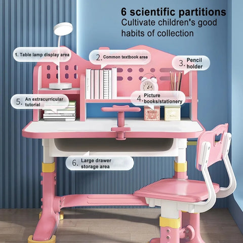 Kids Adjustable Study Desk & Chair Set w/Storage,Drawers,Bookshelf,Child Toddler Writing Homework Table,Little Girl Work Desk
