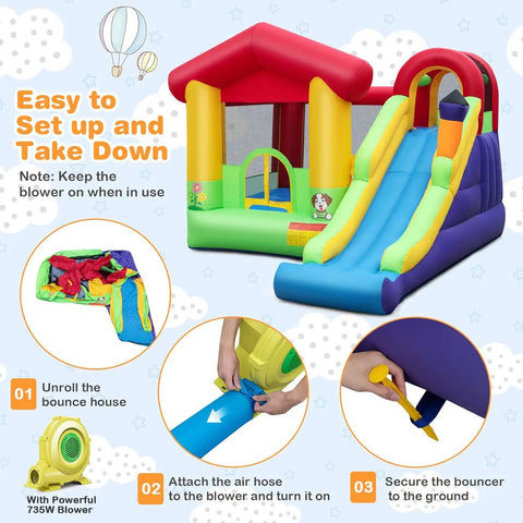 Inflatable Bounce House with 735w Blower Jumping Bouncy House for Kids with Slide Climbing Wall Indoor Outdoor Toddler Bouncing