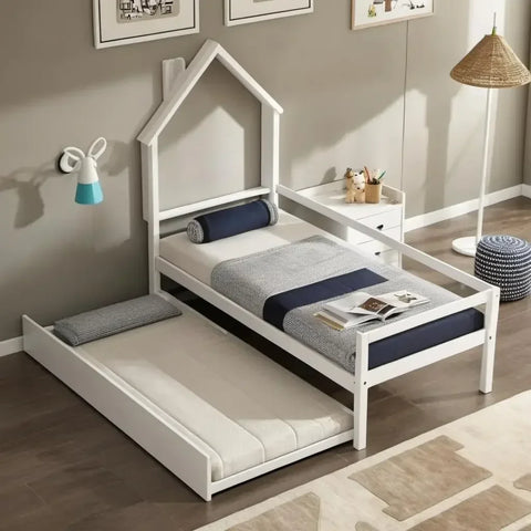 Size House-Shaped Daybed with Trundle for Kids Boys Girls Bedroom,Montessori Platform Bed w/Headboard & Length Guardrails,No Box