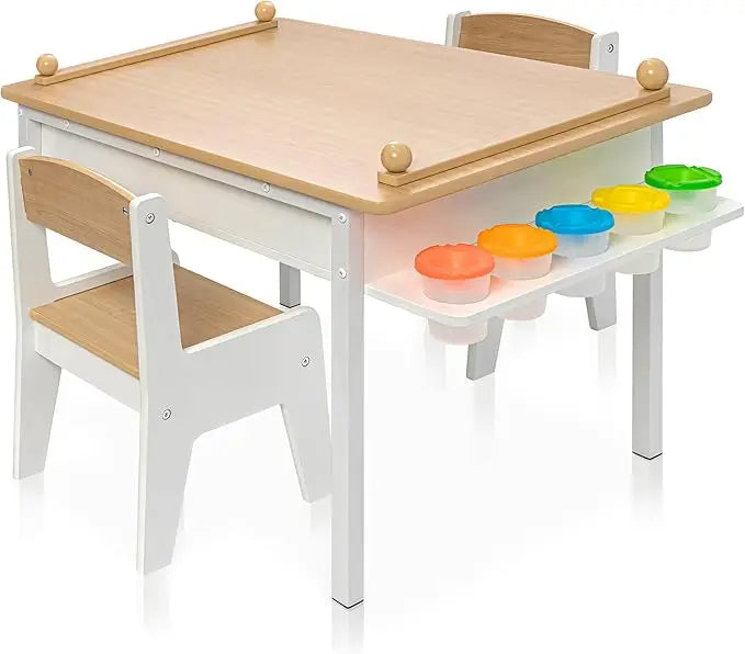 Kids Art Table Set with Chairs for Playroom, Toddler Craft and Play Wood Activity Table with Storage Bins and Paper Roll