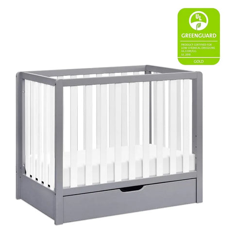 4-in-1 Convertible Mini Crib with Trundle Drawer in Grey and White, Greenguard Gold Certified, Undercrib Storage