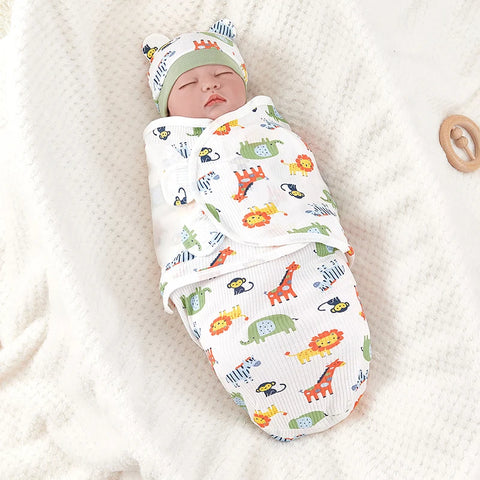 Newborn Sleeping Bag Cotton Baby Swaddle Wrap Adjustable Newborn Sleepsack Hat Set Anti-kick Swaddle Warm Soft Blanket