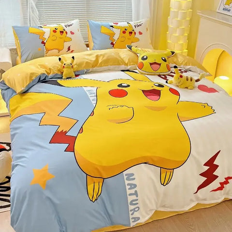 Pokemon Series Eevee Dragon 100% Cotton 4-piece set, Children's Cartoon 3-piece set of Sheet Pillowcase Quilt Cover