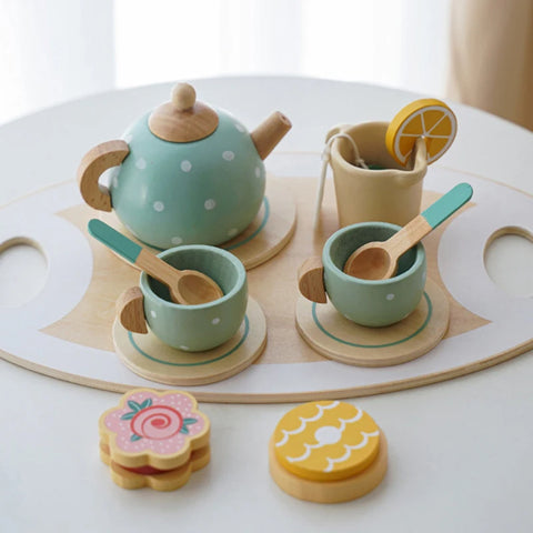 Wooden Afternoon Tea Set Toy Kitchen Accessories Tea Party Food Play Early Educational Toys for Toddlers Girls Boys Kids Gifts