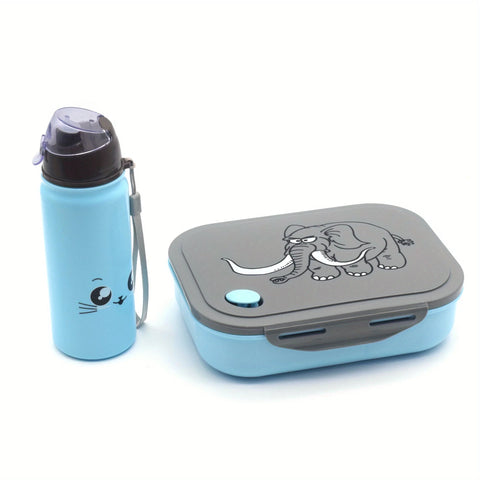 Cartoon Elephant Pattern Kids Lunch Box With Water Bottle Sets Food Grade PP Bento Box Safe Portable Lunch Box