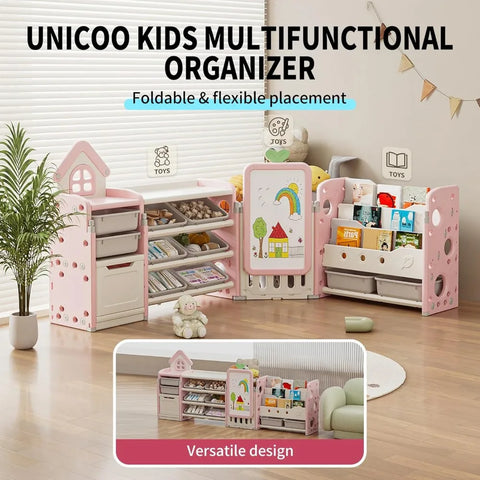 Kids Multifunctional Toy Storage Organizer with 3-Tier Bookshelf, Storage Rack & Drawing Board, Flexible L Shaped Organizer