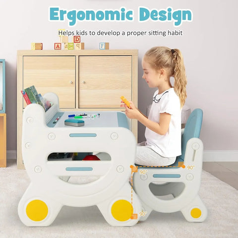 Kids Table and Chair Set, Plastic Activity Table with Watercolor Pens, Blackboard Eraser & Storage Shelf for Drawing, Reading