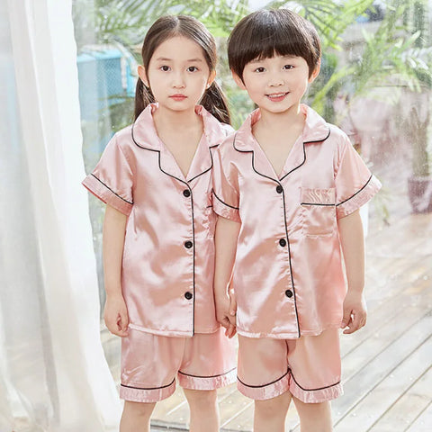 Summer Short Sleeve Satin Pajamas Silk Fabric Girls Sleepwear Boys Nightwear Solid Children's Pajama Sets Pyjamas Boy Baby Wear