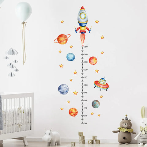 Cartoon Planet Rocket Height Measurement Wall Stickers for Kids Room Baby Boy Room Height Roller Grow Up Chart Wall Decals Mural