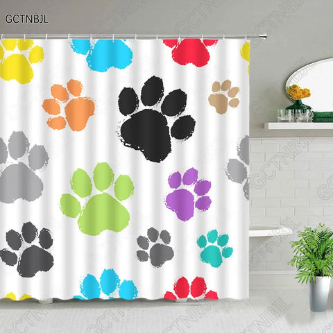 Cartoon Animal Plant Shower Curtains Flower Dog Paw Print Christmas Kid Home Decor Fabric Bath Curtains Bathroom Accessories Set