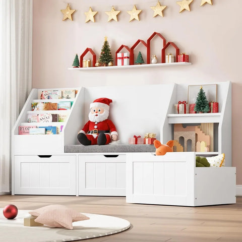 55.1’’ Kids Bookshelf with Reading Nook, Toy Storage Organizer with Seat Cushion and 3 Movable Drawers, Kids Reading Nook