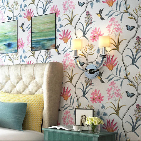 Self Adhesive Floral Bird Wallpaper Modern Pink Flower Wallpaper Living Room Bedroom Kitchen Bathroom Wall Paper Home Decoration