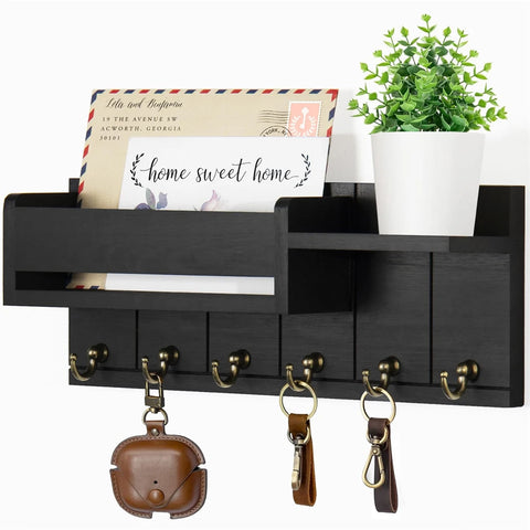 Decorative Key Rack and Mail Organizer with 6 Key Hooks Rustic Wood Key Holder Wall Mounted with Shelf for Living Room Enterway