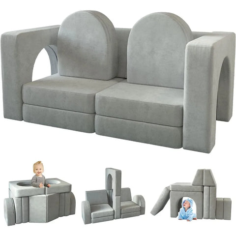 Modular Kids Play Couch for Playroom Bedroom, 10 in 1 Multifunctional Kids Sofa for Playing, Creativing, Sleeping,Indoor Toddler