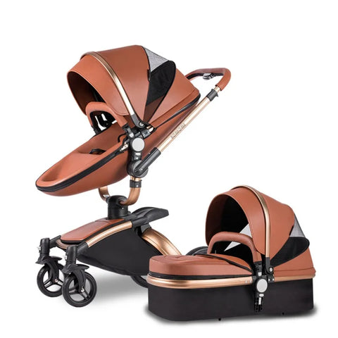 3-in-1 Luxury High-view Baby Stroller with Car Seat Foldable Newborn Baby Stroller PU Leather Two-way Baby Stroller