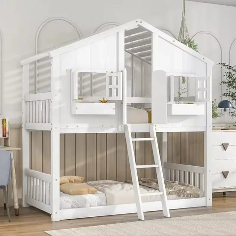 Bunk Bed Twin Over Twin Kids Bunk Bed Wood Frame with Roof, Window, Window Box, Door(Twin Size, White)