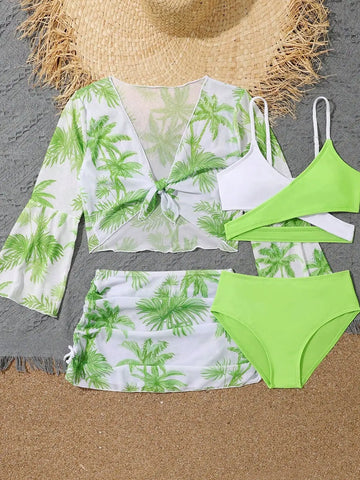 Girls 4pack Coconut Palm Print Bikini Sets with Beach Skirt&Long Sleeve Crop Top Kids Swimsuit 7-12 Years Children's Swimwear