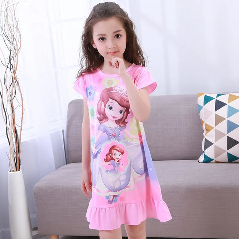 MINISO Girls Night Dress Summer Disney Cartoon Snow White Frozen Princess Elsa Mermaid Print Toddler Girl Nightgown for Teens
