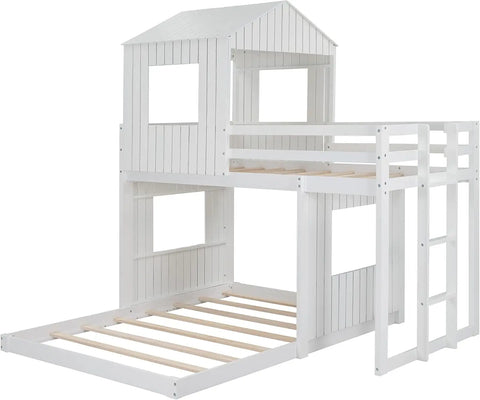 Designs House Bunk Beds, Twin Over Full Bunk Bed Wood Playhouse Low Bed Frame for Kids Toddlers Girls/