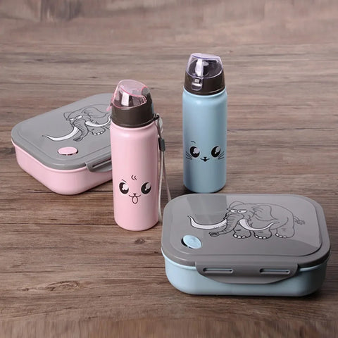 Cartoon Elephant Pattern Kids Lunch Box With Water Bottle Sets Food Grade PP Bento Box Safe Portable Lunch Box