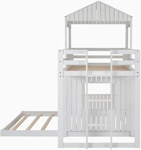 Designs House Bunk Beds, Twin Over Full Bunk Bed Wood Playhouse Low Bed Frame for Kids Toddlers Girls/