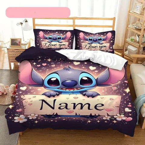 Customizable Stitch Anime Duvet Cover with 2 Pillowcases Cartoon Personalized Name Bedding Set for Women Children Teens