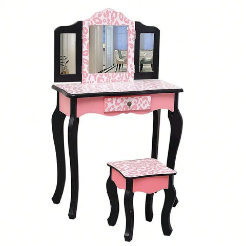 Kids Vanity Set Table and Stool with Drawer Dressing Mirror Pink Girls Gifts