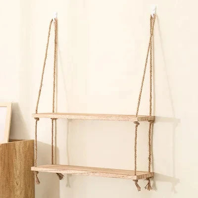 Wooden Floating Shelves for Wall Plant Flower Wood Swing Hanging Rope Storage Home Living Room Decor 1/2/3-tier